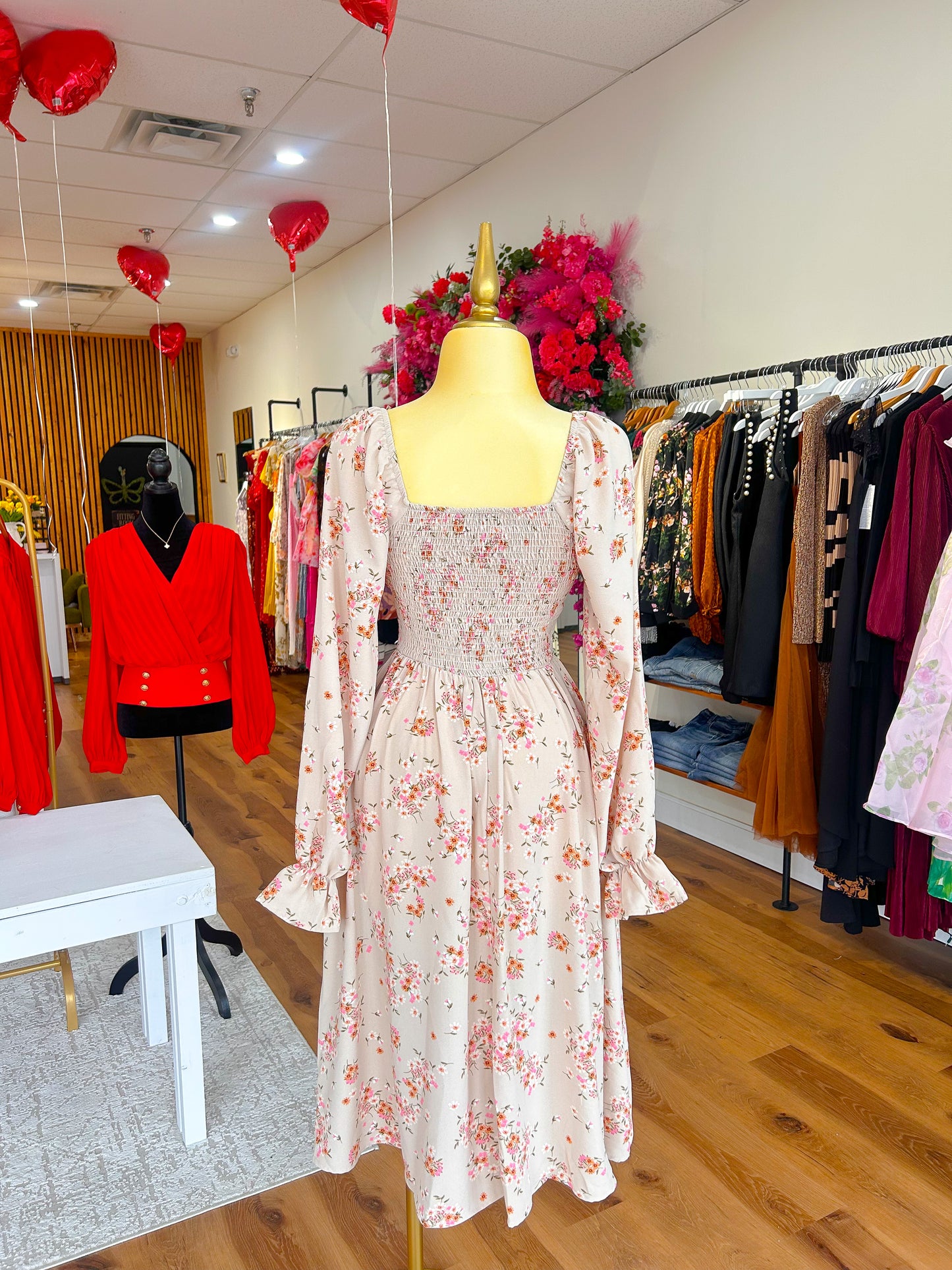 The Sweetheart Dress- Long Sleeve Square Neck Smocked Ivory Floral Midi Dress