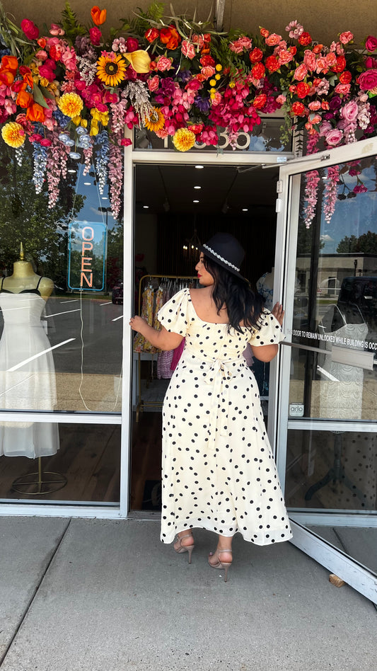 The Pricilla-Polka Dot Puff Sleeve Midi Dress